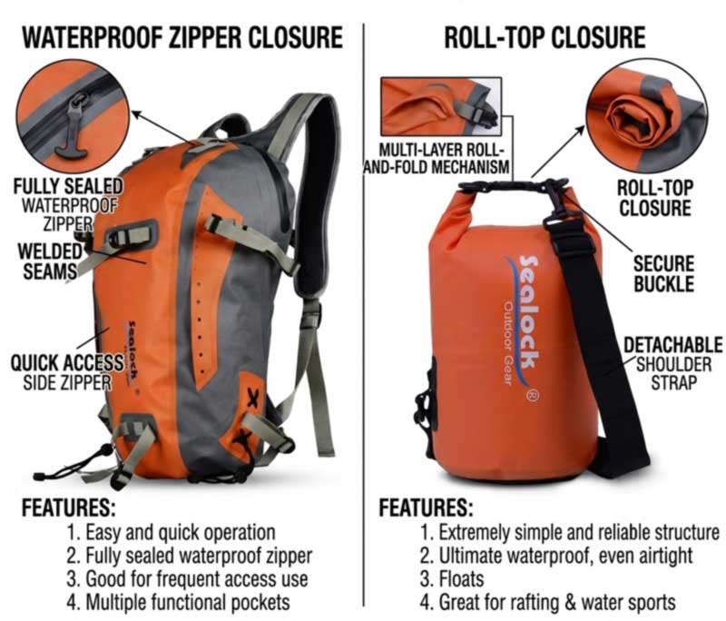 Bolsas de camping con tapa enrollable versus bolsas impermeables con cremallera para proyectos OEM