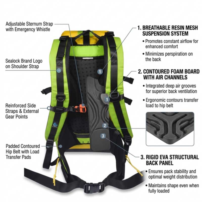 EVA back panel, resin mesh suspension and contoured foam panel with air channels